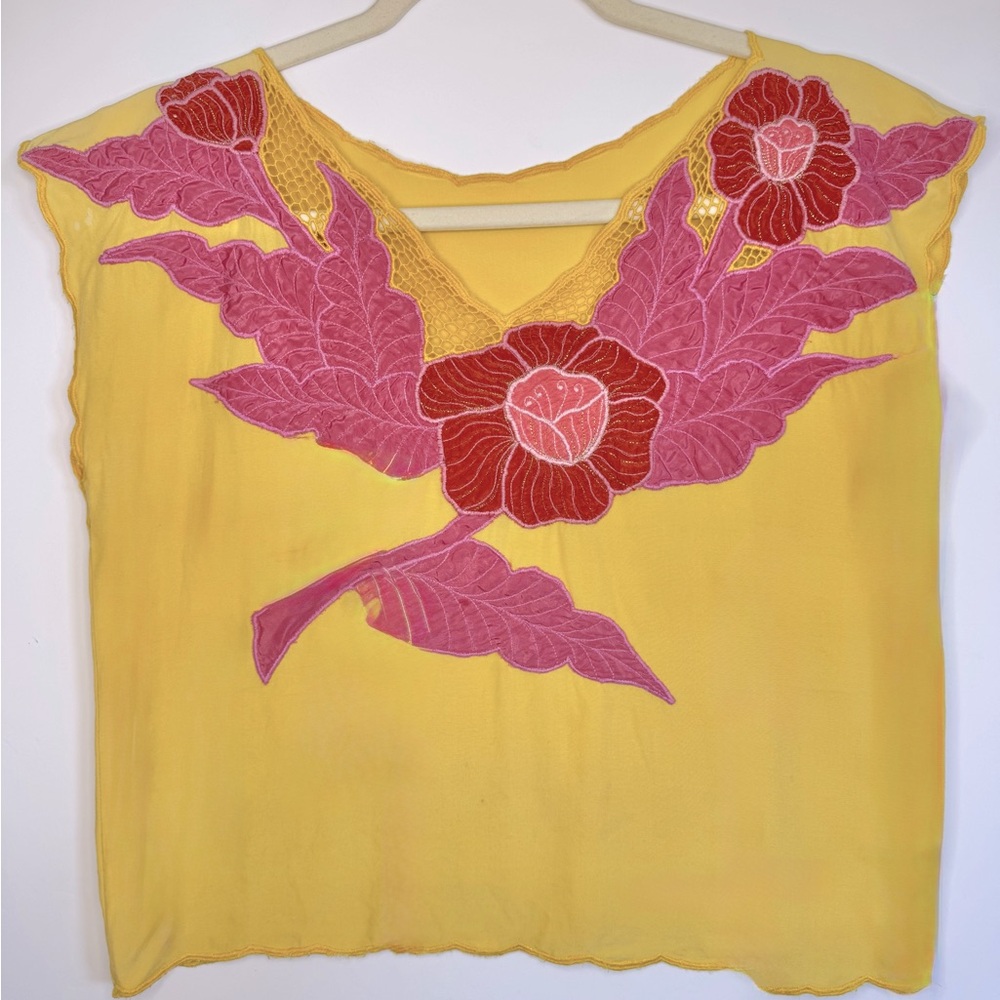 Vintage Yellow Top with Pink Floral Appliqué